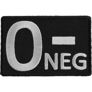 May include: Black embroidered patch with white lettering that reads "O-NEG".