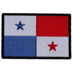 May include: An embroidered patch of the Panamanian flag. The flag is white with a blue square in the lower left corner and a red square in the upper right corner. There is a blue star in the white upper left corner and a red star in the white lower right corner.