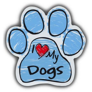 May include: Blue paw print with a red heart and the text "I love my dogs" in black.
