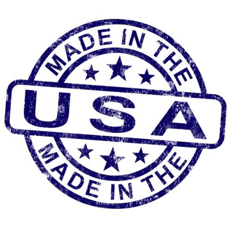 May include: A blue and white distressed rubber stamp with the text "Made in the USA Made in the" and five white stars.