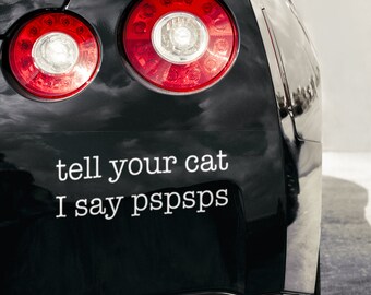 May include: Black car with a rear spoiler and dual exhaust pipes. The car has a sticker on the back that says "tell your cat I say pspsps".