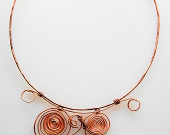 Copper Hammered, Wire-Wrapped Spiral Necklace