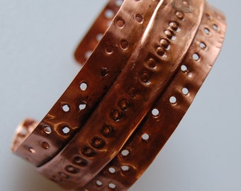 Sustainable Copper cuff bracelet form folded hammered patina fired etched 7th anniversary gift women