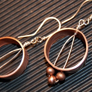 Handmade Sustainable Holiday Copper Hoop Earrings, Sterling Silver, Copper, Copper Pipe Earrings, Dangle, Boho Earrings, Free Shipping