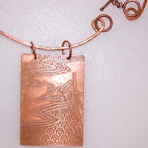 Statement Necklace, All Copper Etched Copper Crane Pendant Necklace, Boho Necklace, Crane Bird Necklace, Bird Jewelry, Copper Bird Pendant