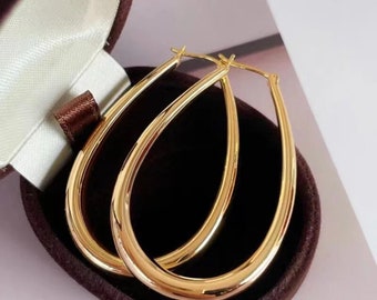 18k Gold Hoop Earring, Oval Hoop Earrings in 18k Gold, Comfortable and Light Weight, 18k Gold Earrings - Dainty Earrings