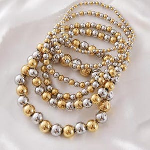 14K Two Tone Gold Beaded Bracelet -Stackable Bracelet - Stretch Beaded Bracelet - Chained Beaded Bracelet with 14K Gold Chain