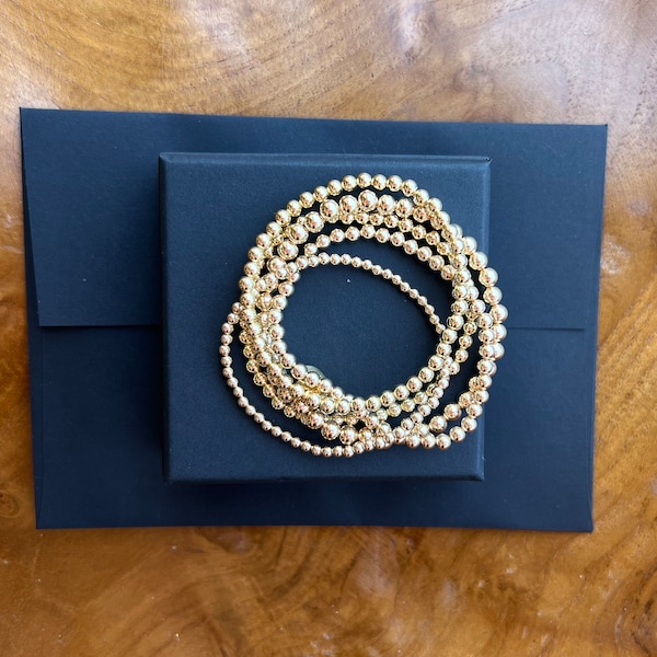 10K Yellow Gold Beaded Bracelet - Stackable Everyday Bracelet - Stretch Beaded Bracelet or Chained with 10K Gold Chain