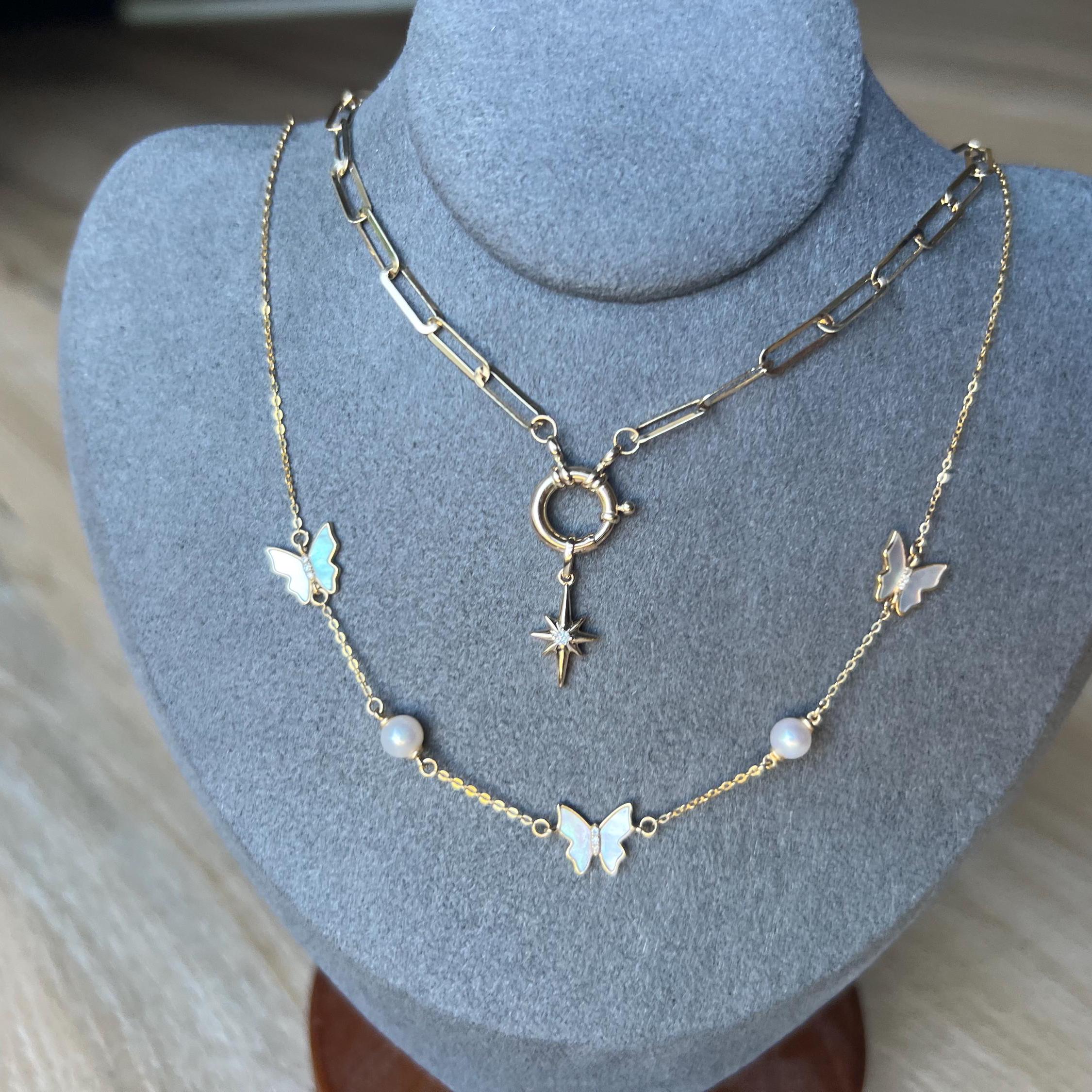 Dainty 18k Gold Necklace - Paperclip Necklace - Diamond Padlock Necklace - Diamond Nativity Star Necklace - Butterfly Pearl Necklace