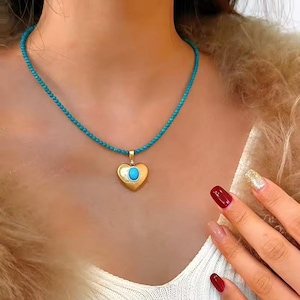 18k Gold Heart Necklace: Turquoise & Diamond Beaded Pendant (Custom Made)