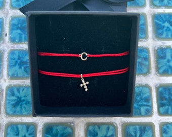 Personalized String Bracelet: 14k Gold Diamond Cross & Initial Charm