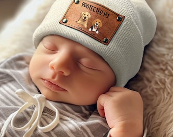 Bébé personnalisé protégé par des bonnets pour chiot, race de chien personnalisée avec nom bonnet pour bébé, bonnet pour tout-petit, cadeau nouveau-né, amoureux des chiens