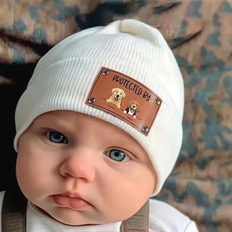 Personalized Baby Protected by Puppy Beanies, Custom Dog Breed with Name Beanie Hat For Baby, Infant Toddler Beanie, Newborn Gift, Dog Lover image 2