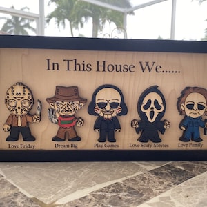 In This House We Horror Wood Frame, Horror Movie Lovers, Halloween Horror Figures Decor Gifts, Horror Movie Sign, Gifts for Friends