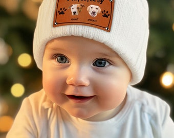 Geschützt durch Hund Personalisierte Baby Mützen mit Haustierfoto, Benutzerdefinierte Hunderasse mit Namen Baby Mütze Hut, Säugling Kleinkind Mütze, Neugeborenen Geschenk