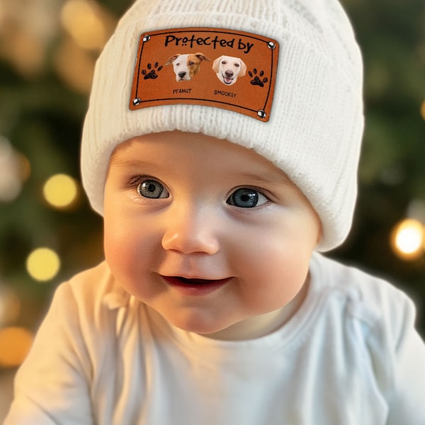 Protected By Dog Personalized Baby Beanies Using Pet Photo, Custom Dog Breed with Name Baby Beanie Hat, Infant Toddler Beanie, Newborn Gift