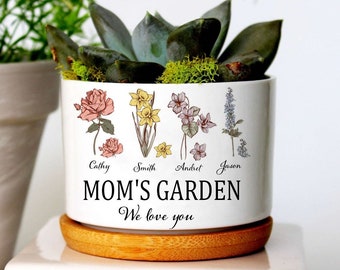 Personalized Mom's Garden Birth Month Flower Plant Pot With Kids Name For Mother's Day