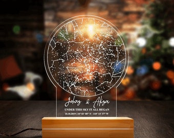 Mapa de estrellas en luz nocturna, lámpara de carta de cielo nocturno personalizada, luz nocturna de lámpara LED de placa acrílica personalizada, regalo de aniversario para él y ella,