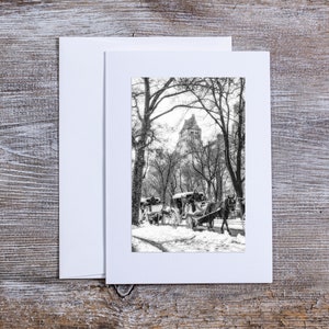 Biglietto di auguri di New York City, biglietti di Natale, bianco e nero, taxi Hansom, cavallo e carrozza, inverno, Central Park, Manhattan, set di carte