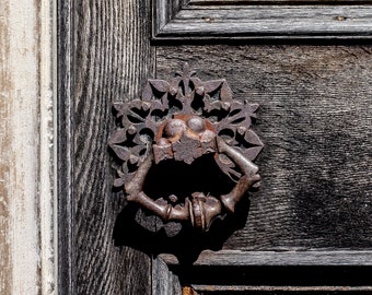 Door Photography, Architectural Detail, Weathered wood, Rusty Door Knocker, Wall Decor