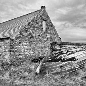Nautical photography, Fishing boats, Storm, Old Wood, Peeling Paint, Scotland, Abandoned, Fine Art Print, &quot;Stone Cottage and Abandoned Boat&quot;