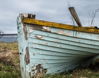 Nautical Print, Old Fishing Boat, Abandoned, Weathered Wood, Beach Decor, Scotland, Large Wall Print