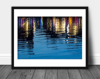 Harbor Lights, Reflection, Water, Art, Colorful Reflection, Canvas Wrap, Large Wall Print