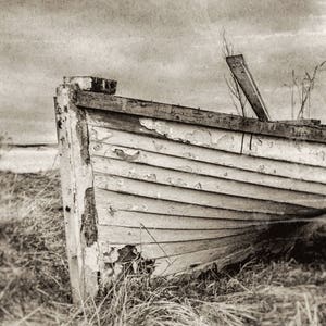 Nautical Print, Old Fishing Boat, Abandoned, Weathered Wood, Rustic, Sepia, Vintage Style, Photography