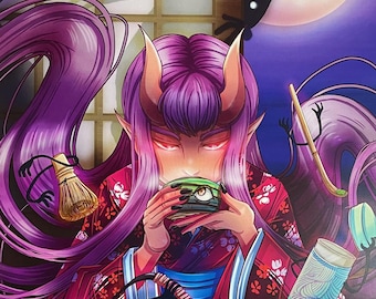 Yokai Tea Party Art Print, Oni Girl with Kappa and Tsukumogami, 11x17"