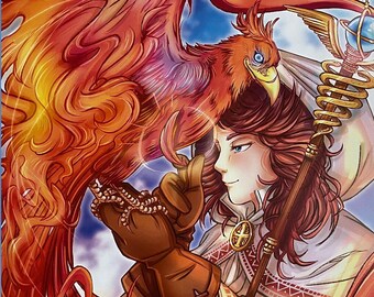 Phoenix Down 11x17” Art Print | White Mage Cleric Finds Revival Feather | Fantasy Final Video Game Class Inspired Illustration