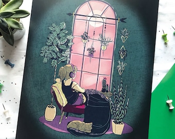 Plant Life Art Print – Cat, Music, and Window View 8x10"