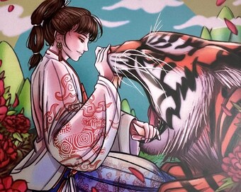 Strength, Facing the Tiger 8x8” Art Print | Lunar New Year / La Forza, Strength Tarot Card Inspired Original Illustration