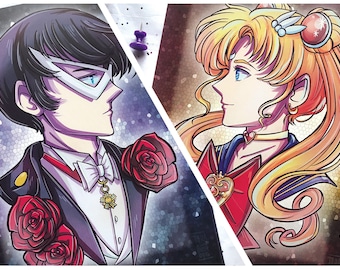 Sailor Moon & Tuxedo Mask - 8x10" Art Prints  - 90s anime and manga cameo style illustration