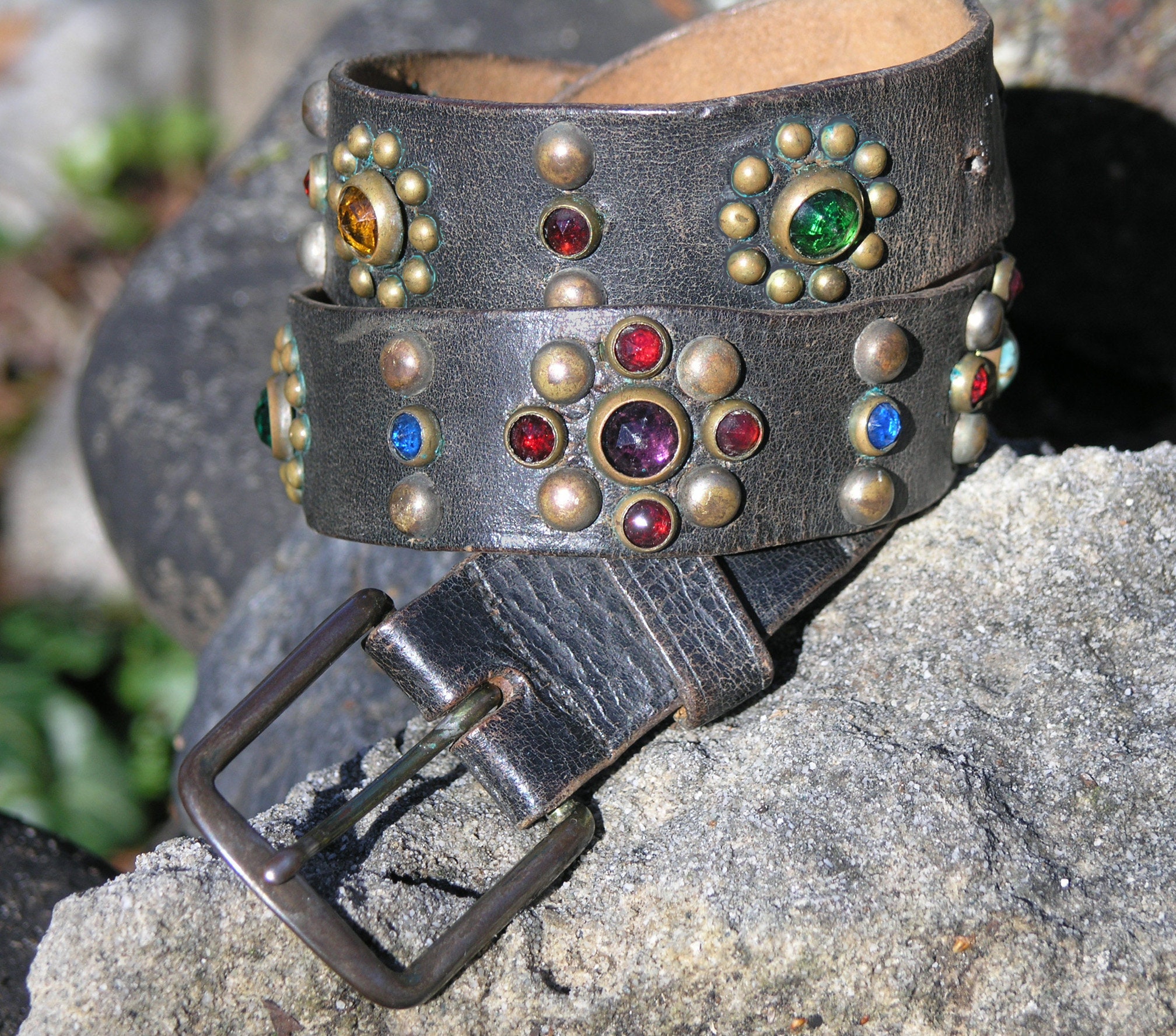 1930s Antique Vintage Studded Jeweled Western Belt Size 26 1930s Antique Vintage Studded Jeweled Western Belt Size 26