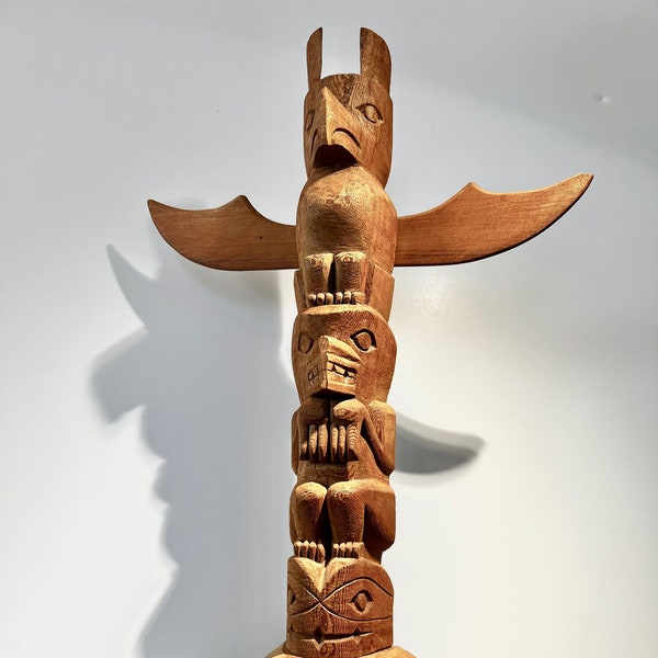 Native carved cedar totem pole made by Gabe Allodie Squamish Indian Vancouver, BC