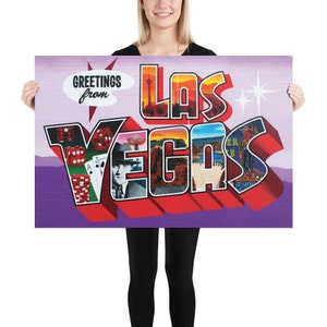 Salutations de Las Vegas Mural - Nevada Postcard Street Art Print - Gambling, Bugsy Siegel, Atom Bomb, Hoover Dam, Neon Sign, The Strip