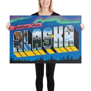Salutations de l’Alaska Mural Sign Painting - Street Art Print of Postcard Wall Art feat. Ours, Saumon, Denali, Glaciers et Aigles