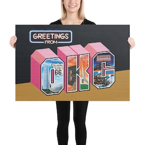 Salutations de OKC Mural Sign Painting - Oklahoma City Street Art Print of Postcard Wall Art - vintage Retro Poster feat. Route 66, Tonnerre