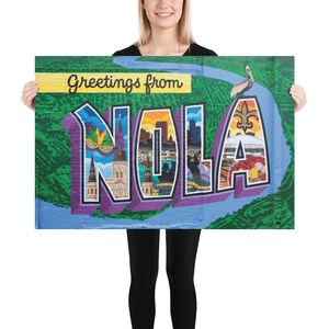 Saudações do Mural NOLA - Impressão de arte de rua de cartão postal de Nova Orleans - Pôster retrô vintage de Saints