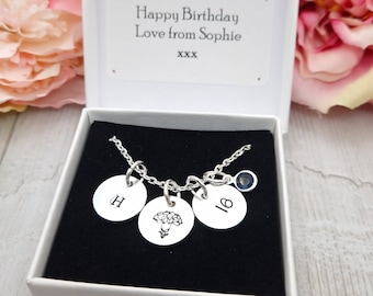 Personalised 16th Birthday Initial Necklace | Birth Flower And Birthstone Necklace For Teen | Gift For Daughter Granddaughter Niece