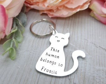 Personalised Cat Gifts, This Human Belongs To Keyring, Gift For Cat Lover, Pet Owner Keychain With Name