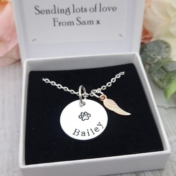 Personalised Pet Name Necklace Gift With Rose Gold Wing Charm, Dog Memorial Necklace With Name, Loss Of Pet Cat Gift For Friend