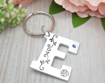 Custom Initial Keyring for 40th Birthday, Birthstone Letter Keychain, Personalised Gift for Her, Wife 40th Present, Hand Stamped Keepsake