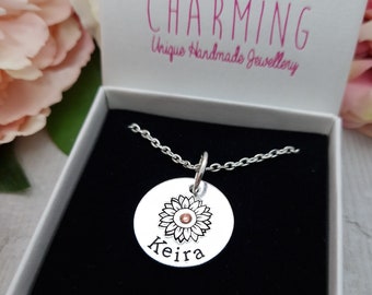 Personalised Birthstone Birthday Necklace Gift For Girl | Birth Flower Jewellery For Her | Pendant Flower Girl Gift | Mothers Day Present