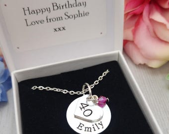 Personalised 40th Birthday Gift For Her, Friend Birthday Necklace With Name And Birthstone
