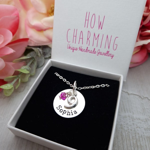 Personalised Age 9th Birthday Girls Gift Necklace With Name And Birthstone Gifts For Daughter Granddaughter Niece Jewellery 9 Year Old