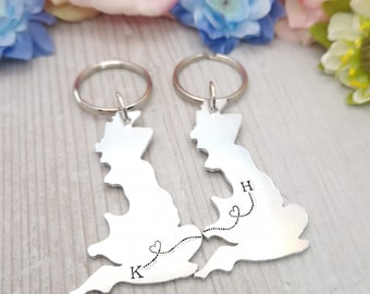 Personalised Long Distance Relationship Keyring Gift For Boyfriend, Best Friend Moving Away Gifts, UK to UK Custom Location keychains