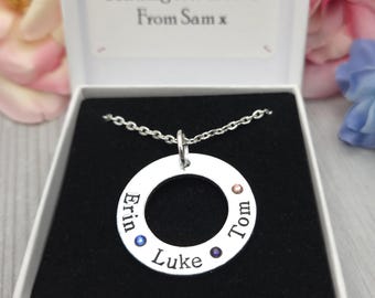 Personalised Birthstone Necklace Mum, Nanny Christmas Gift, Custom Jewellery Gifts Her