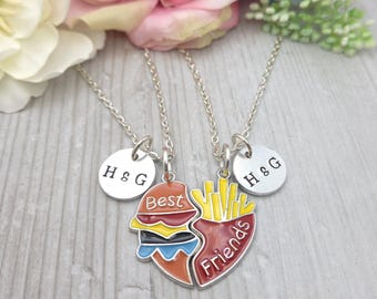 Burger and Fries Friend Necklace Set, Personalised Initial Charms