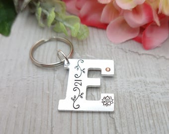 Personalised 21st Birthday Keyring Gift For Her: Aluminium Initial, Birthstone Charm